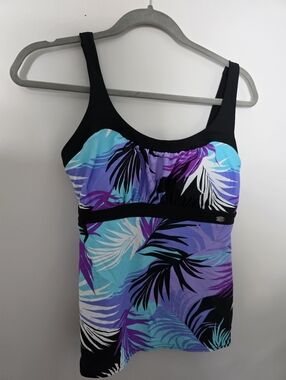 Zero X Posur Swim Top Womens Tropical Tankini Swimwear Teal Purple Palm